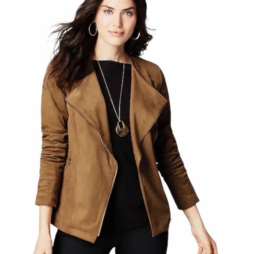 J Jill  Acorn Brown Ultra Soft Faux Suede Moto Zip Jacket Petite L